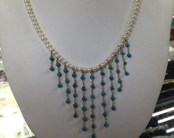 Turquoise Necklace, Turquoise & Pearls Necklace, Fresh Water Pearl Necklace, Multi Strand Necklace, Hand-Made