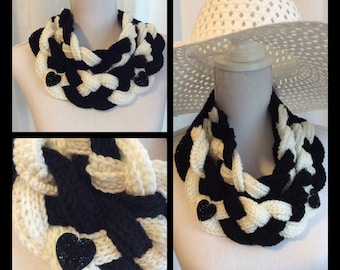 Braided crochet scarf, col, infinity neck warmer in black and white.