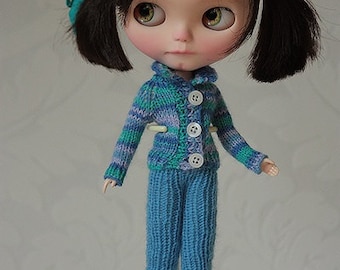 Set for Blythe doll, Sweater for Blythe, Knitted outfit for Blythe doll, Blue sweater, Blue horse