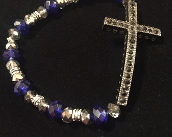 Cross with Blue and silver crystal beads