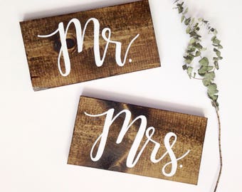 Mr and Mrs Chair Signs | Wood wedding chair signs, mr and mrs sign, wedding photo prop, mr and mrs table signs, rustic wood signs