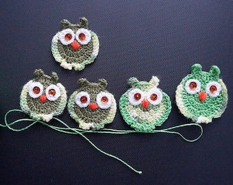 Crocheted owls Baby dress applique Owl embellishment Owl applique Scrapbooking Bright green Little owl Sewing accessories Cute applique