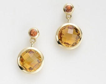 Earrings MOON 18 kt yellow gold, Mandarin Garnet and citrine