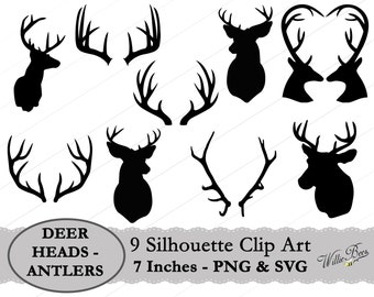 Deer Head and Antler Silhouette Clip Art - 7 inches - PNG & SVG files - Deer Images - Deer Antlers - Hunting - Animal - Instant Download