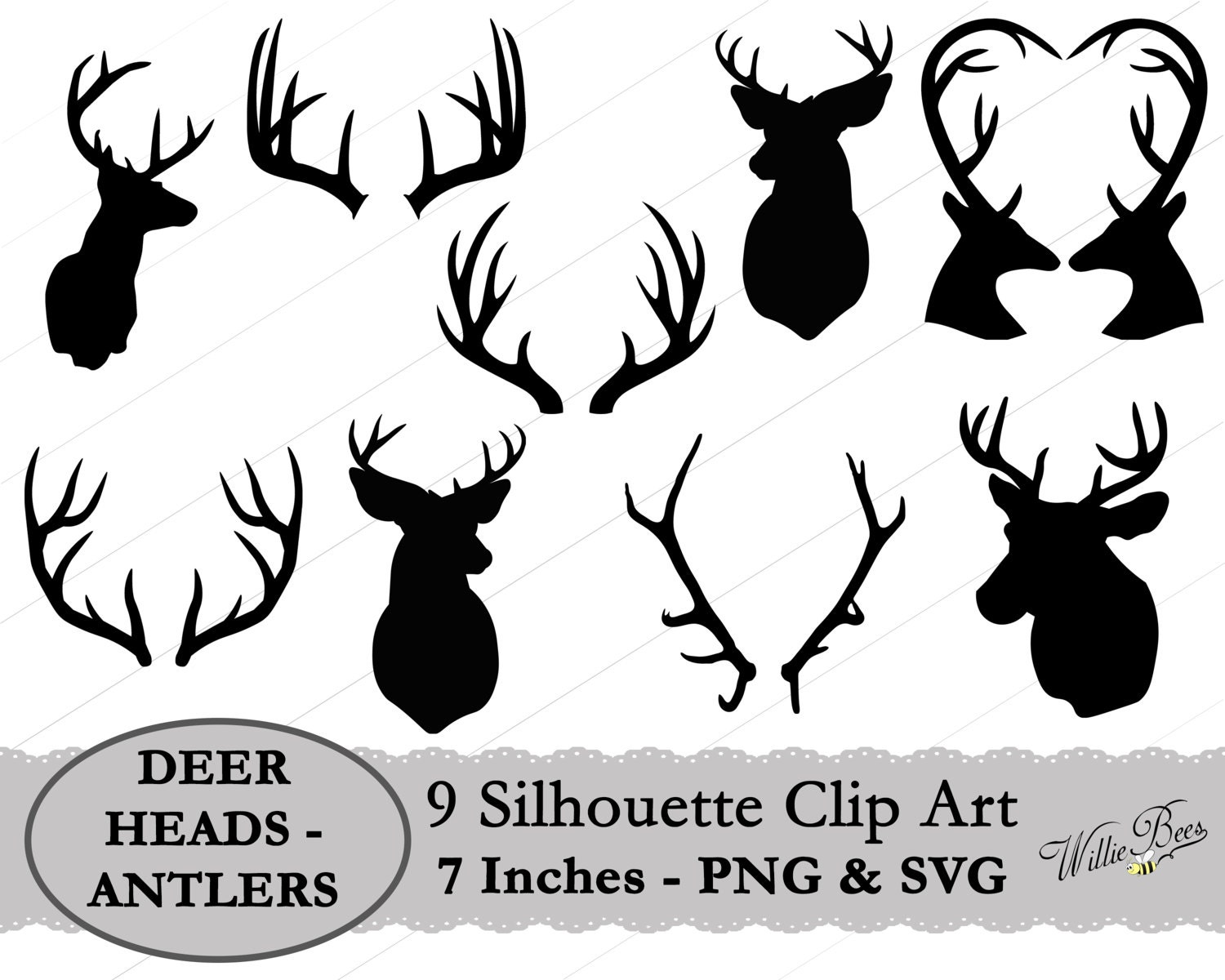 Deer Head and Antler Silhouette Clip Art - 7 inches - PNG ...