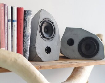 2 Way Coaxial Geometric HiFi Mini Concrete Speakers, Set of Two Passive Speakers, Desktop Speakers