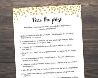 Pass the Prize, Bridal Shower Games, Pass the Parcel Game, Gold Confetti, Gold Bridal Shower, Rhyme Game, Parcel Game, GCB3