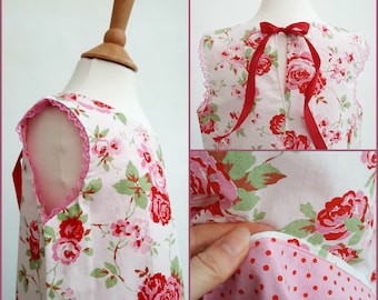 Girls Dress Red Floral Pretty Summer Handmade Fully Lined Cotton Fabric Children's Clothing Rose Print Party Dress Lace Trim Ribbon Tie