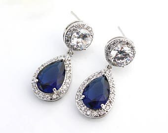 Chrissy - Blue Sapphire Wedding Earrings, Bridal Earrings, Crystal Teardrop Earrings, Bridal Jewelry, Cubic Zirconia, CZ Drop Earrings