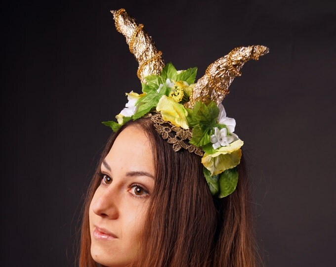 Horn headdress, floral crown, fairy headband, fantasy headdress, flower crown, gold faun horns, festival burning man cosplay FREE SHIPPING !