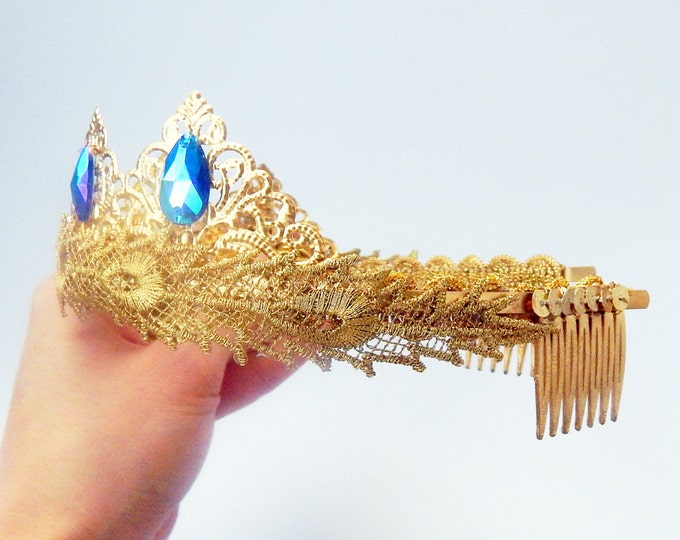 Rhinestone crown tiara, gold blue headdress, unique gift, gift for her, womens gift, gift for teens, gift for woman, wedding gift for bride