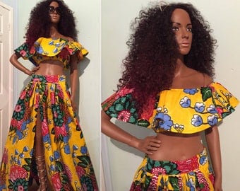 African dress ideas, African set, Afro fashion, African maxi skirt and top. African print, wax cotton bock print, frilly top , summer set