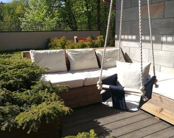Beautiful baby / toddler swing for inside and outside. Organic cotton & natural wood. Dark grey, Navy blue, Light grey, Off-White, Sand.
