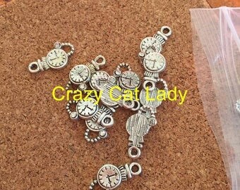 10 pcs POCKET WATCH - Alice Charms - Alice In Wonderland Tibetan Silver Charms - Pendants