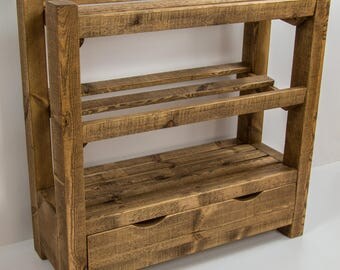 Rustic wooden shoe rack with drawer, Solid wood, Medium oak finish, Worldwide shipping (free P+P to UK Mainland t&cs apply)