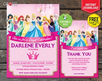 Disney Princess Birthday Invitation Card Party - EDITABLE Text Cinderella Ariel Aurora Belle Snow White Frozen Elsa Ana, FREE Thank You Card
