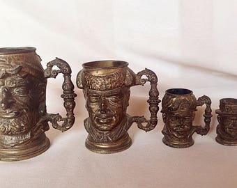 Rare collection of 4 mugs in bronze early twentieth-