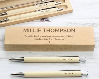 Personalised Laser Engraved Custom Classic Wooden Pen & Pencil Box Set - Personalized Ballpoint Pen HB Pencil Case