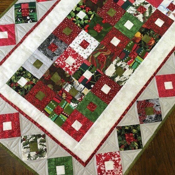 Christmas Box Quilted Table Runner Scrappy Patchwork in 1