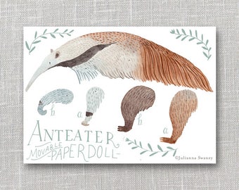 Anteater Articulated Paper Doll, Illustrated Print, Puppet, Craft, Decoration, Scrapbooking