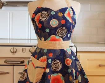 Retro Full Apron Sweetheart Neckline Japanese Floral on Navy - BELLA