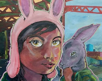 Louise and the Kuchi Kopi - Bob's Burgers Painting - Rabbit & Girl large original London train station piece
