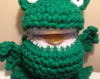 Lucky Lucky Lucky Money frog. Green. Amigurumi. 6 inches tall. 8 inches wide. Wishing frog.