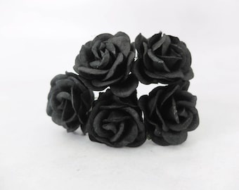 5 pcs - 35mm mulberry paper black rose with wire stem - round