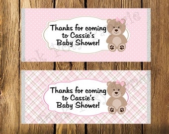 Printable Pink Teddy Bear Girl Baby Shower Large Candy Bar Wrappers