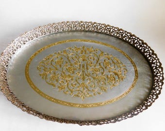 VINTAGE Vanity Tray Gold and Silver Glass TRAY