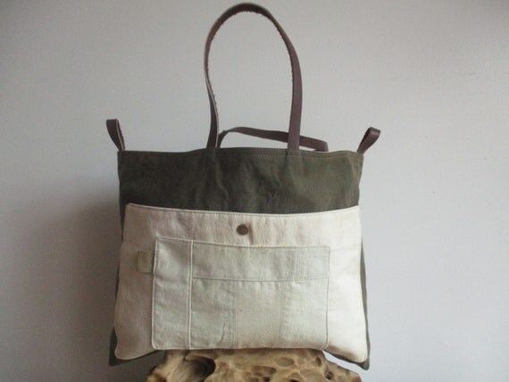 Rustic Tote book tote bag in Army Drab Repurposed Canvas an