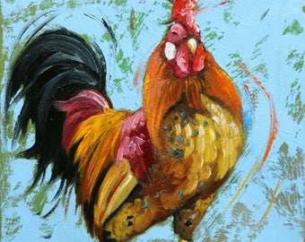 Rooster 852 12x12 inch animal portrait original oil painting by Roz