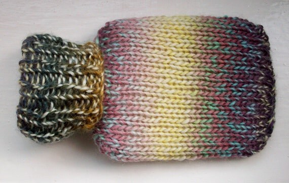 Mini hot water bottle, hand knitted cozy, ivory white, purple, pink, blue, brown, olive multi