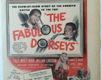 Original Vintage Film "The Fabulous Dorseys", Tommy & Jimmy Dorsey, 1947 Photoplay Magazine Trade Ad Illustration