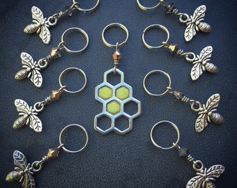 Buzzin' Around: Super Set of 9 Bee and Honeycomb Stitch Markers for Knitters and Crocheters