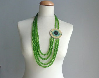 Green statement necklace long necklace leather necklace big circle necklace