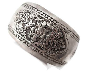 Sterling Cuff Bracelet - Cambodian Silver Hand Etched, Large Chunky