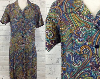 1960s Paisley Swirl Button-Front Cotton Dress, size XL