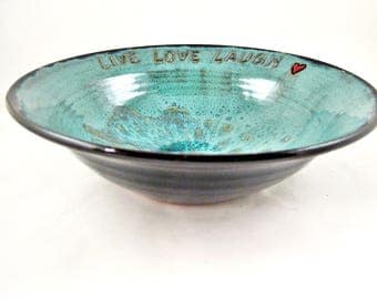 Live Love Laugh wedding bowl, Pottery blessing bowl wedding gift, in teal blue and black - In stock 112 WB