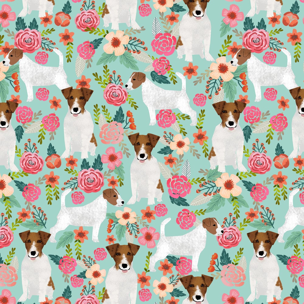 Jack Russell Terrier Fabric Jack Russell Terrier Mint Floral