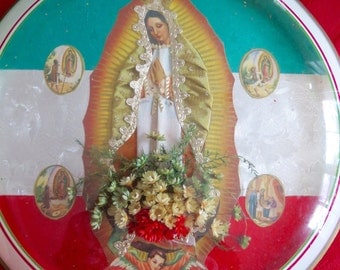 Vintage Mexican Chromo 3-D Fabric Guadalupe Shrine- Perfect for your altar