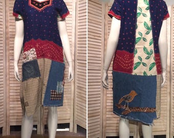 Upcycled Dress Lonesome Bird Appliqué patchwork Upcycled Clothing Loose Fit Primitive Vintage India Dress Rustic Tunic DeviDesigns L XL