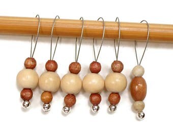 Knitting Stitch Markers Snag Free DIY Natural Wood Brown Beige Beaded Stitch Markers Gift for Knitter Craft Supplies