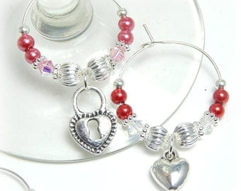 Crystal Wine Glass Charms, Heart Wine Charms, Valentines Day Wine Charms, Set of 5 Wine Glass Charms