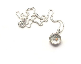 silver mustard seed pendant. encouragement in grief, inspirational scripture jewelry with bible verse. modern resin mustard seed necklace