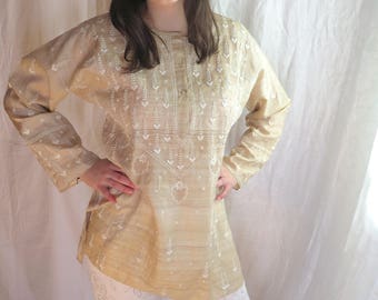 Vintage Silk Tunic with Embroidery Raw Silk Dupioni in Light Caramel with Ivory Cotton Embroidered Hearts and Flowers Size S/M Made in India