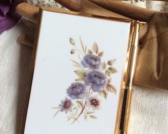 Vintage Small Stratton England note pad compact, Something Blue flowers note pad pen compact,