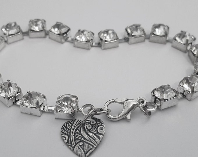 Crystal Bracelet Rhinestone Crystal Brass Heart Charm Sparkle Bracelet Wedding Jewelry Mother Bride Gift Birthday