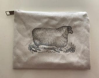 Vintage Sheep Canvas Zippered Knitting Notions Bag- DURABLE, Sturdy, Vintage Look! Color Natural