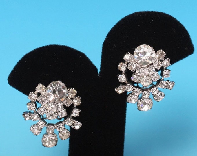 Clear Rhinestone Earrings Circular Dangle Clip On Vintage Bridal Wedding